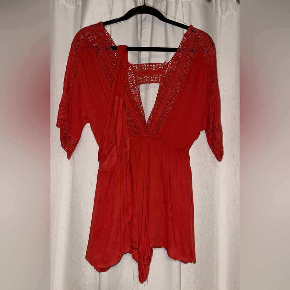 Orange Sleeved Romper with Lace Details